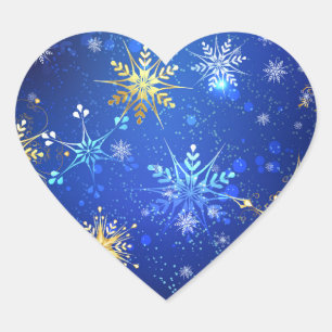 XMAS Blue Background with Golden Snowflakes Heart Sticker