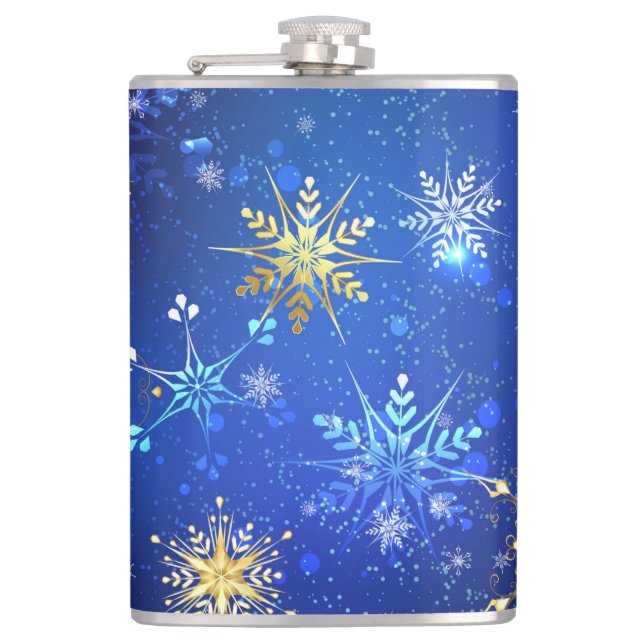 XMAS Blue Background with Golden Snowflakes Hip Flask (Front)