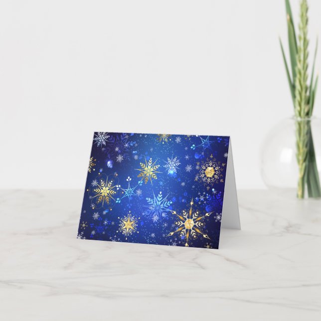 XMAS Blue Background with Golden Snowflakes Holiday Card (Front)