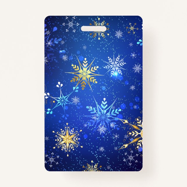 XMAS Blue Background with Golden Snowflakes ID Badge (Front)