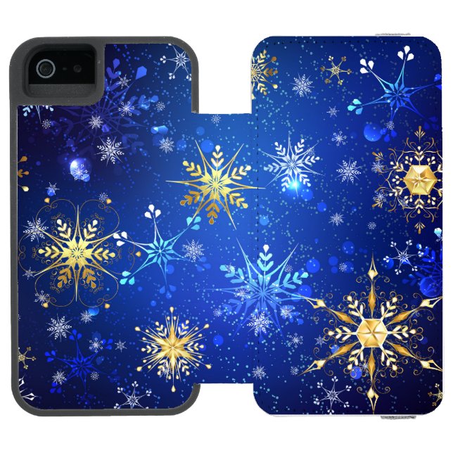 XMAS Blue Background with Golden Snowflakes Incipio iPhone Wallet Case (Folio Open)