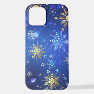 XMAS Blue Background with Golden Snowflakes iPhone 12 Case