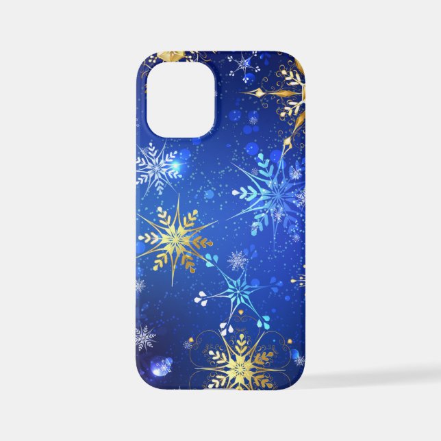 XMAS Blue Background with Golden Snowflakes iPhone Case (Back)