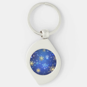 XMAS Blue Background with Golden Snowflakes Key Ring