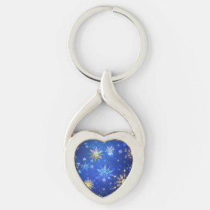 XMAS Blue Background with Golden Snowflakes Key Ring