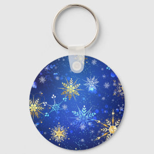 XMAS Blue Background with Golden Snowflakes Key Ring