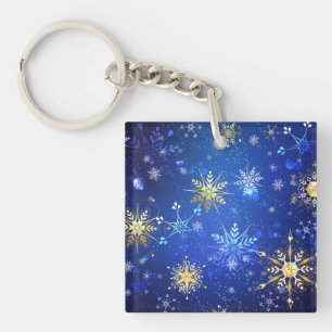XMAS Blue Background with Golden Snowflakes Key Ring
