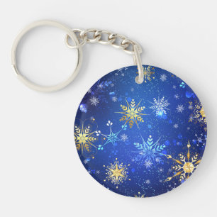 XMAS Blue Background with Golden Snowflakes Key Ring