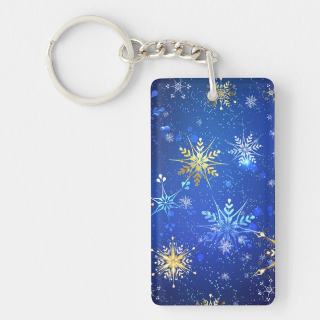 XMAS Blue Background with Golden Snowflakes Key Ring (Front)