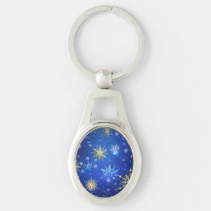 XMAS Blue Background with Golden Snowflakes Key Ring