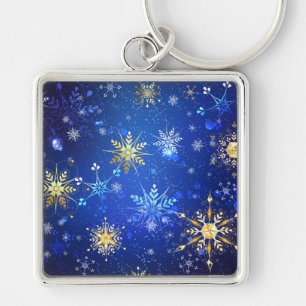 XMAS Blue Background with Golden Snowflakes Key Ring