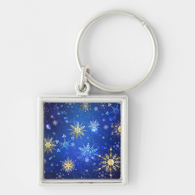 XMAS Blue Background with Golden Snowflakes Key Ring (Front)