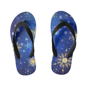 XMAS Blue Background with Golden Snowflakes Kid's Flip Flops