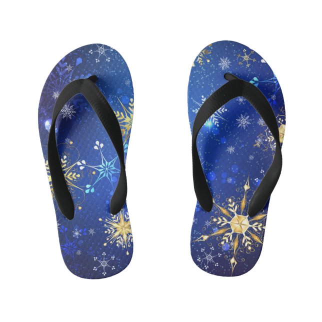 XMAS Blue Background with Golden Snowflakes Kid's Flip Flops (Footbed)
