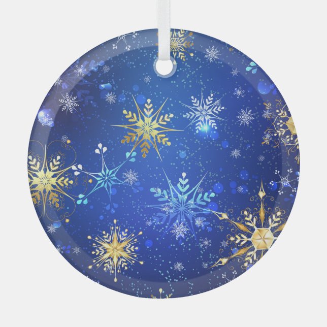 XMAS Blue Background with Golden Snowflakes Label Glass Tree Decoration (Front)