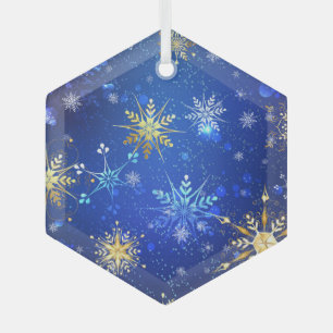 XMAS Blue Background with Golden Snowflakes Label Glass Tree Decoration