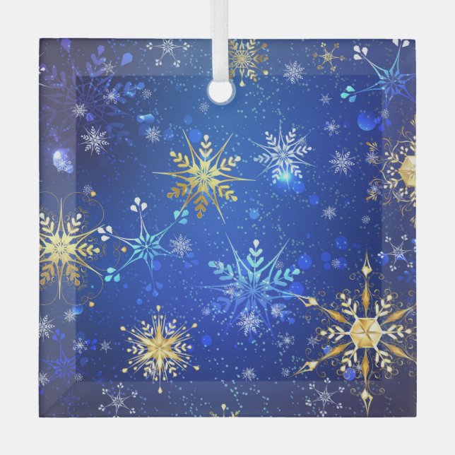 XMAS Blue Background with Golden Snowflakes Label Glass Tree Decoration (Front)