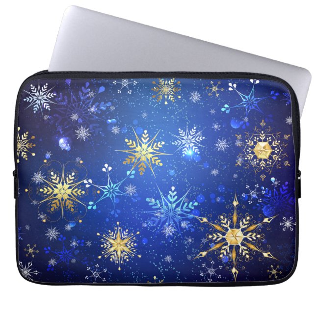 XMAS Blue Background with Golden Snowflakes Laptop Sleeve (Front)