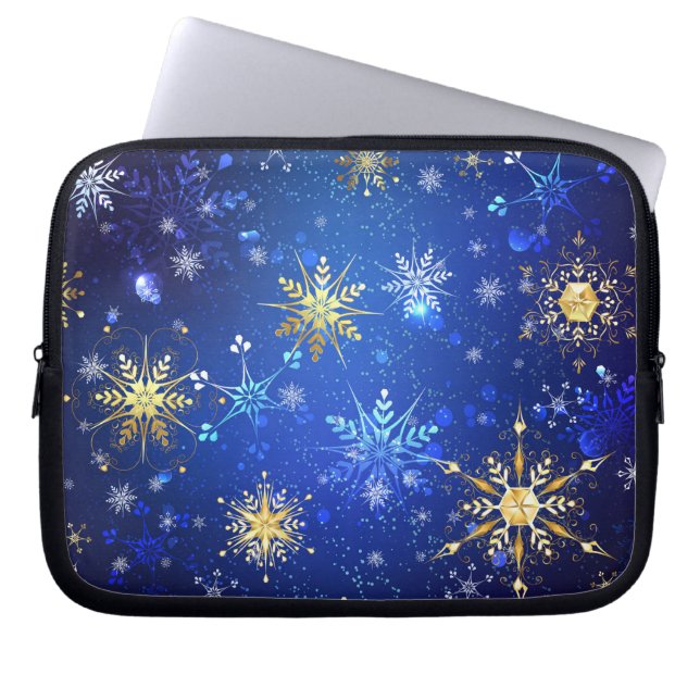 XMAS Blue Background with Golden Snowflakes Laptop Sleeve (Front)