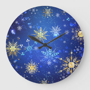XMAS Blue Background with Golden Snowflakes Large Clock