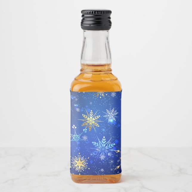 XMAS Blue Background with Golden Snowflakes Liquor Bottle Label (Front)