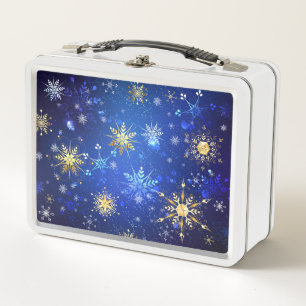 XMAS Blue Background with Golden Snowflakes Metal Lunch Box