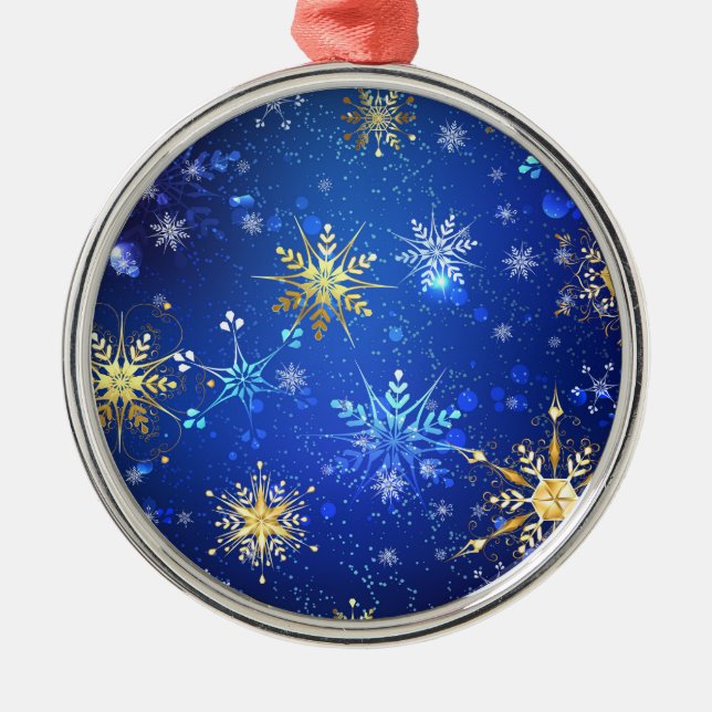 XMAS Blue Background with Golden Snowflakes Metal Tree Decoration (Front)