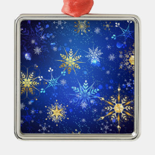 XMAS Blue Background with Golden Snowflakes Metal Tree Decoration
