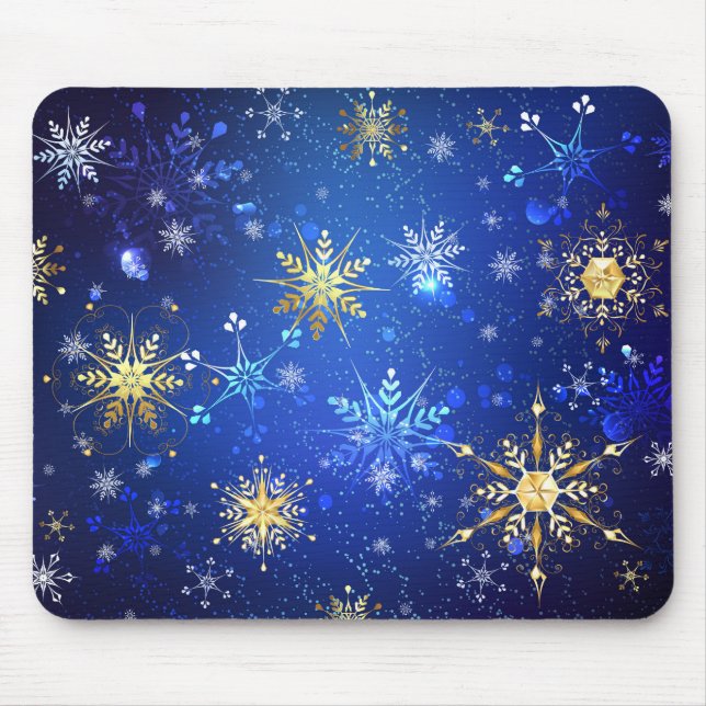 XMAS Blue Background with Golden Snowflakes Mouse Mat (Front)