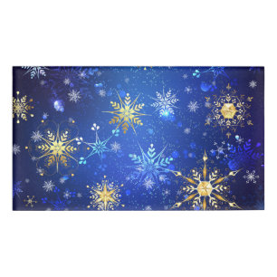 XMAS Blue Background with Golden Snowflakes Name Tag
