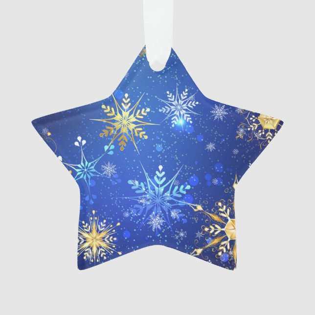 XMAS Blue Background with Golden Snowflakes Ornament (Front)