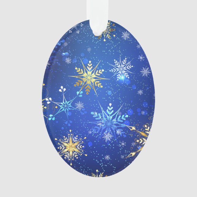 XMAS Blue Background with Golden Snowflakes Ornament (Front)