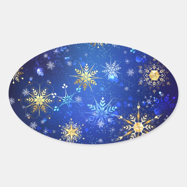 XMAS Blue Background with Golden Snowflakes Oval Sticker (Front)