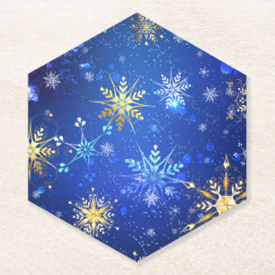 XMAS Blue Background with Golden Snowflakes Paper Coaster