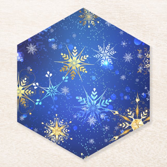 XMAS Blue Background with Golden Snowflakes Paper Coaster (Front)