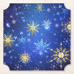 XMAS Blue Background with Golden Snowflakes Paper Coaster