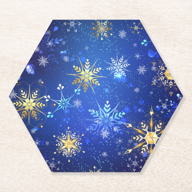 XMAS Blue Background with Golden Snowflakes Paper Coaster (Front)