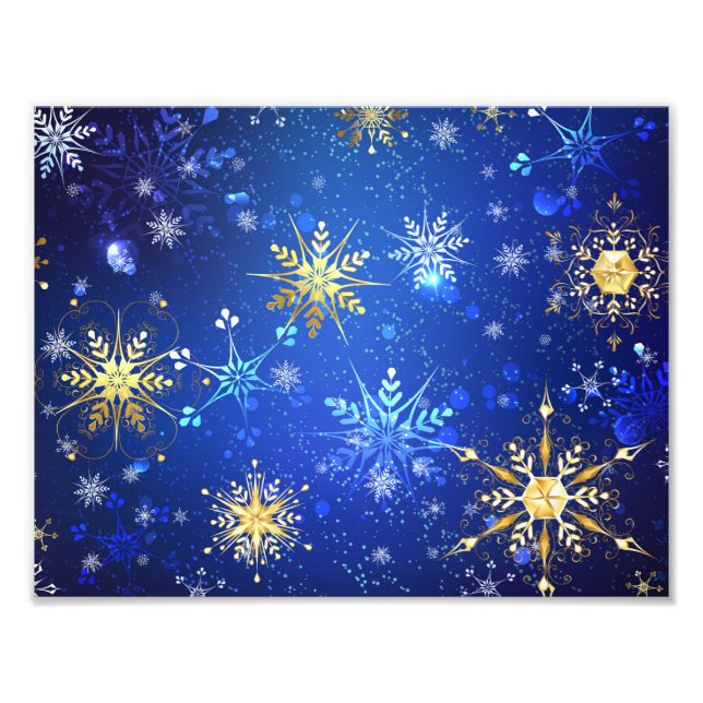 XMAS Blue Background with Golden Snowflakes Photo Print (Front)