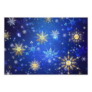 XMAS Blue Background with Golden Snowflakes Photo Print