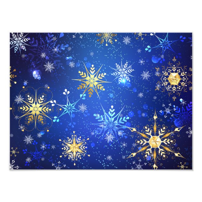 XMAS Blue Background with Golden Snowflakes Photo Print (Front)