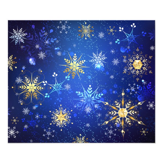XMAS Blue Background with Golden Snowflakes Photo Print (Front)