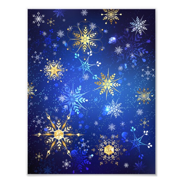 XMAS Blue Background with Golden Snowflakes Photo Print (Front)