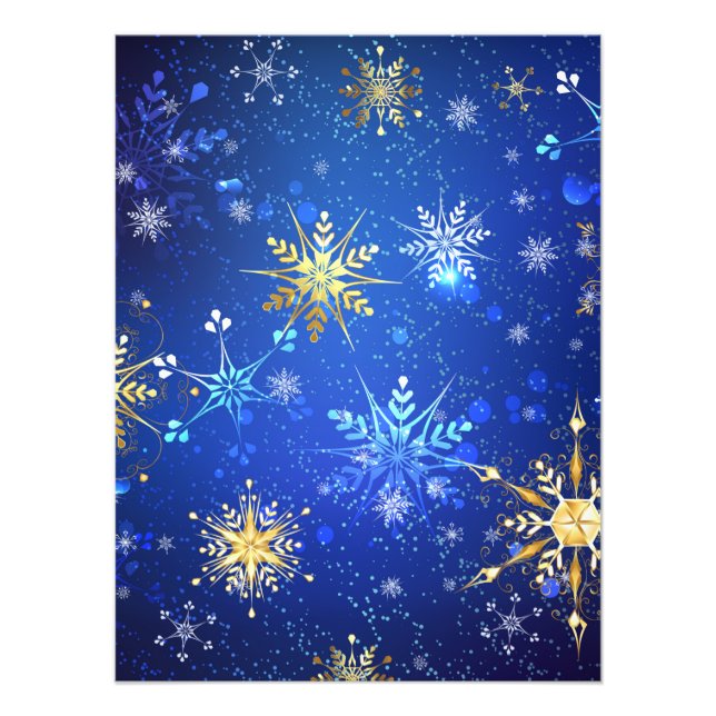 XMAS Blue Background with Golden Snowflakes Photo Print (Front)