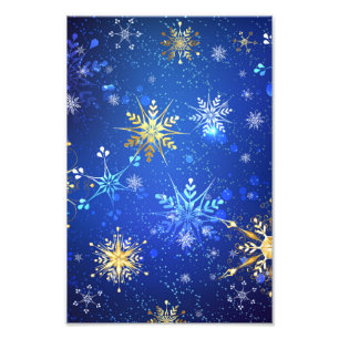 XMAS Blue Background with Golden Snowflakes Photo Print