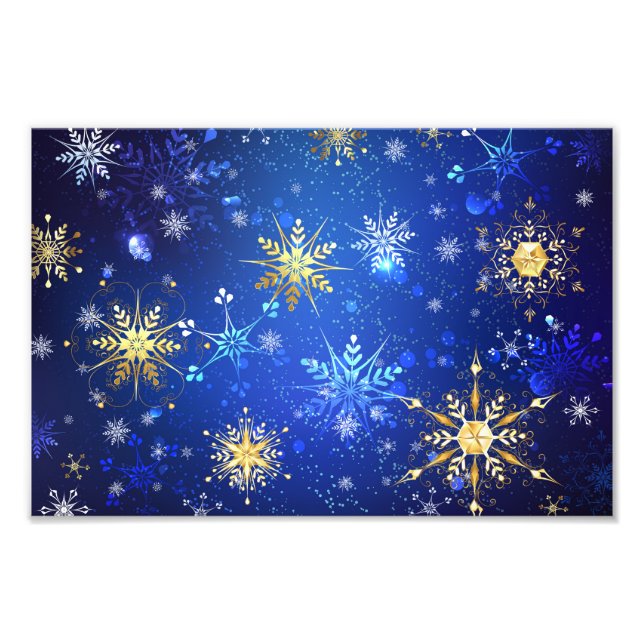 XMAS Blue Background with Golden Snowflakes Photo Print (Front)
