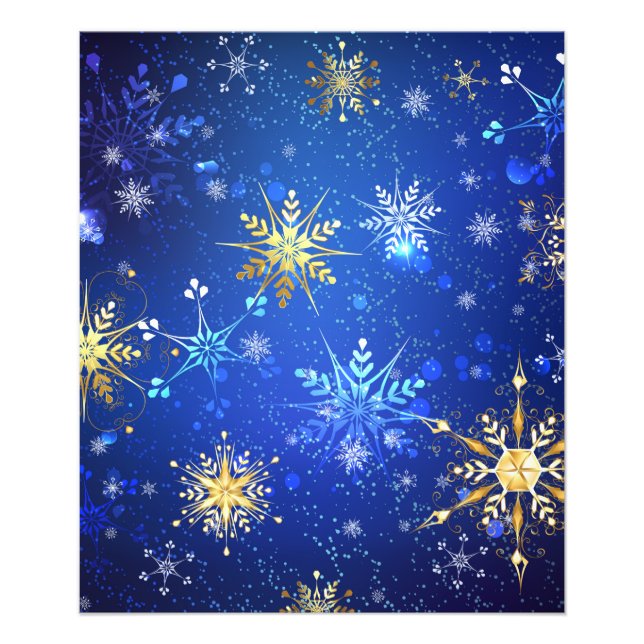 XMAS Blue Background with Golden Snowflakes Photo Print (Front)