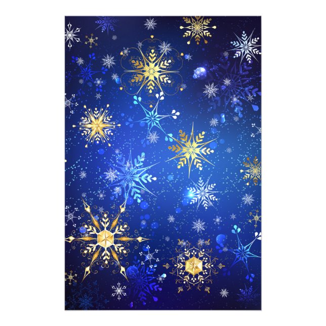 XMAS Blue Background with Golden Snowflakes Photo Print (Front)