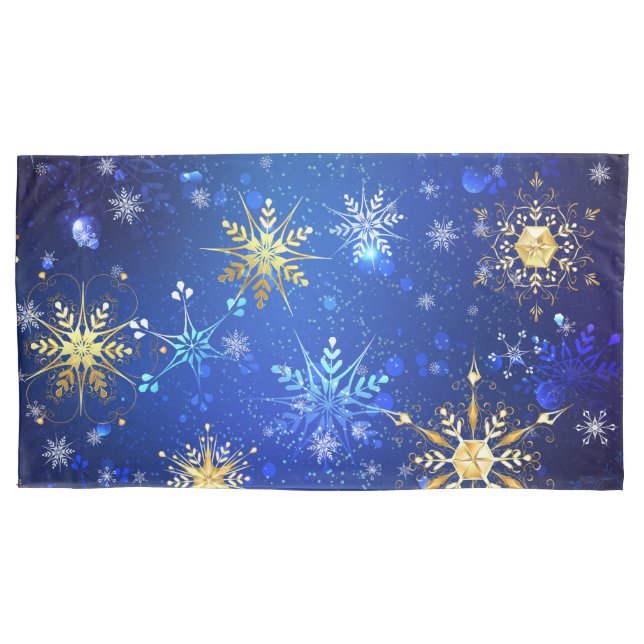 XMAS Blue Background with Golden Snowflakes Pillowcase (Front-Left)