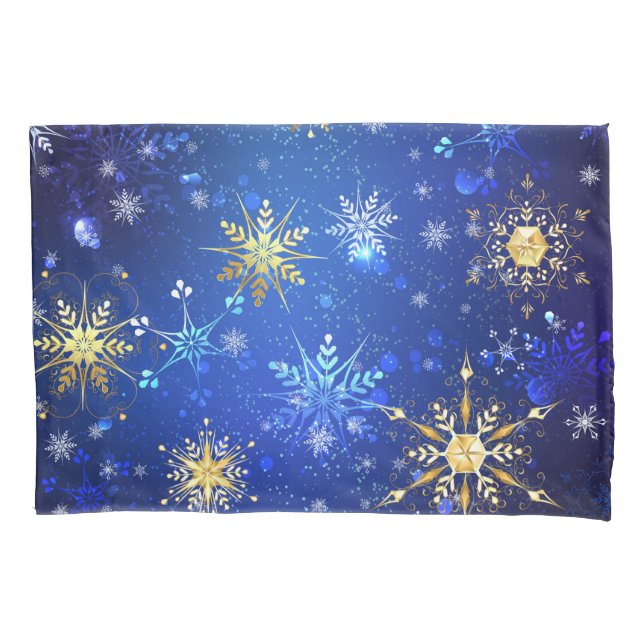 XMAS Blue Background with Golden Snowflakes Pillowcase (Front)