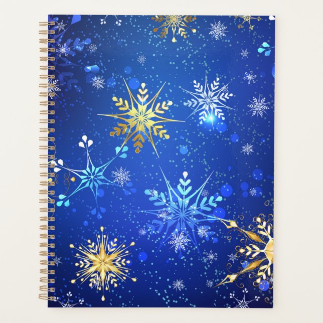 XMAS Blue Background with Golden Snowflakes Planner (Front)